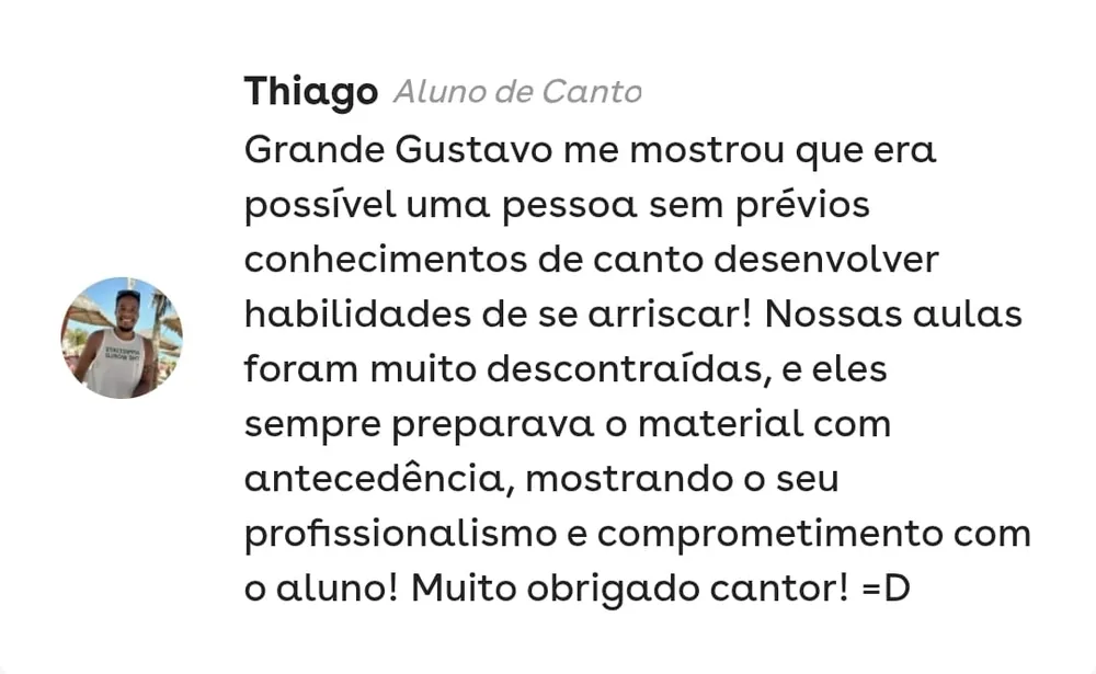 Depoimento de Thiago, aluno de canto
